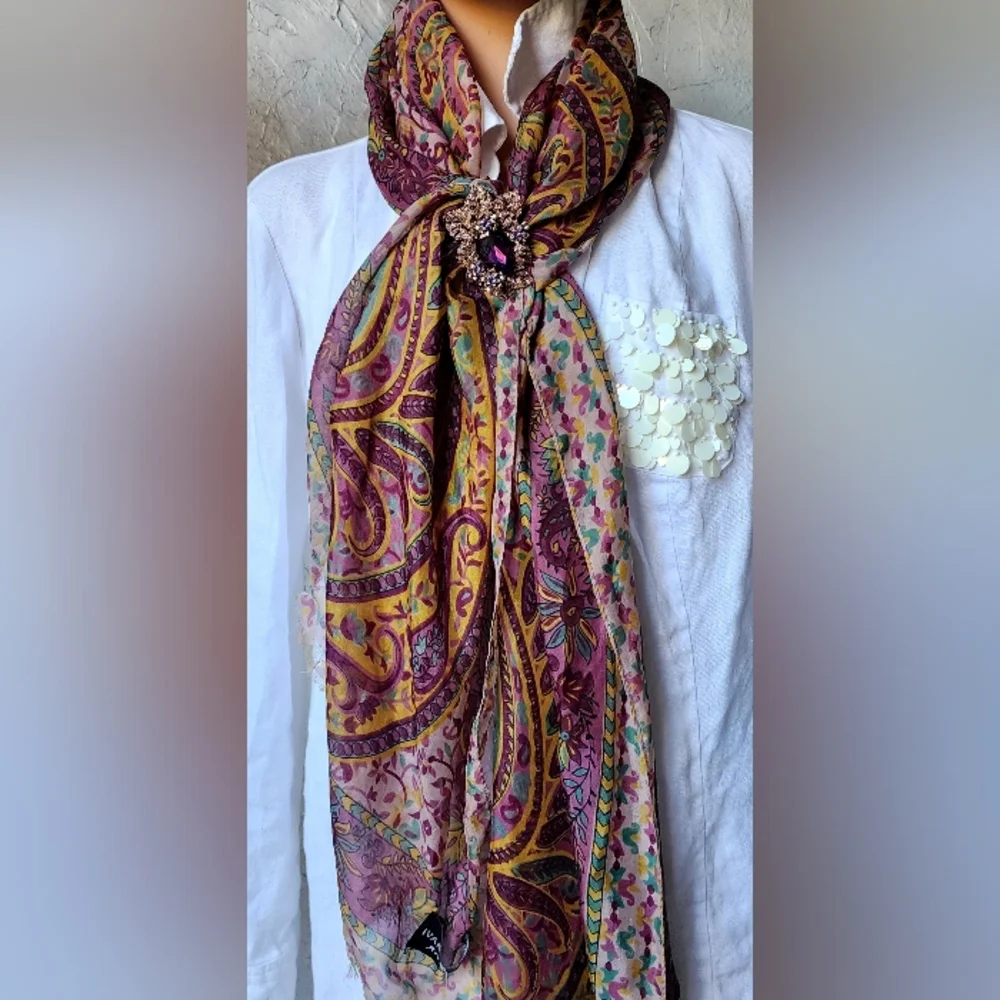 Designer Purple Scarf 100% Soft Silk Paisley Print Violet Gold Brooch